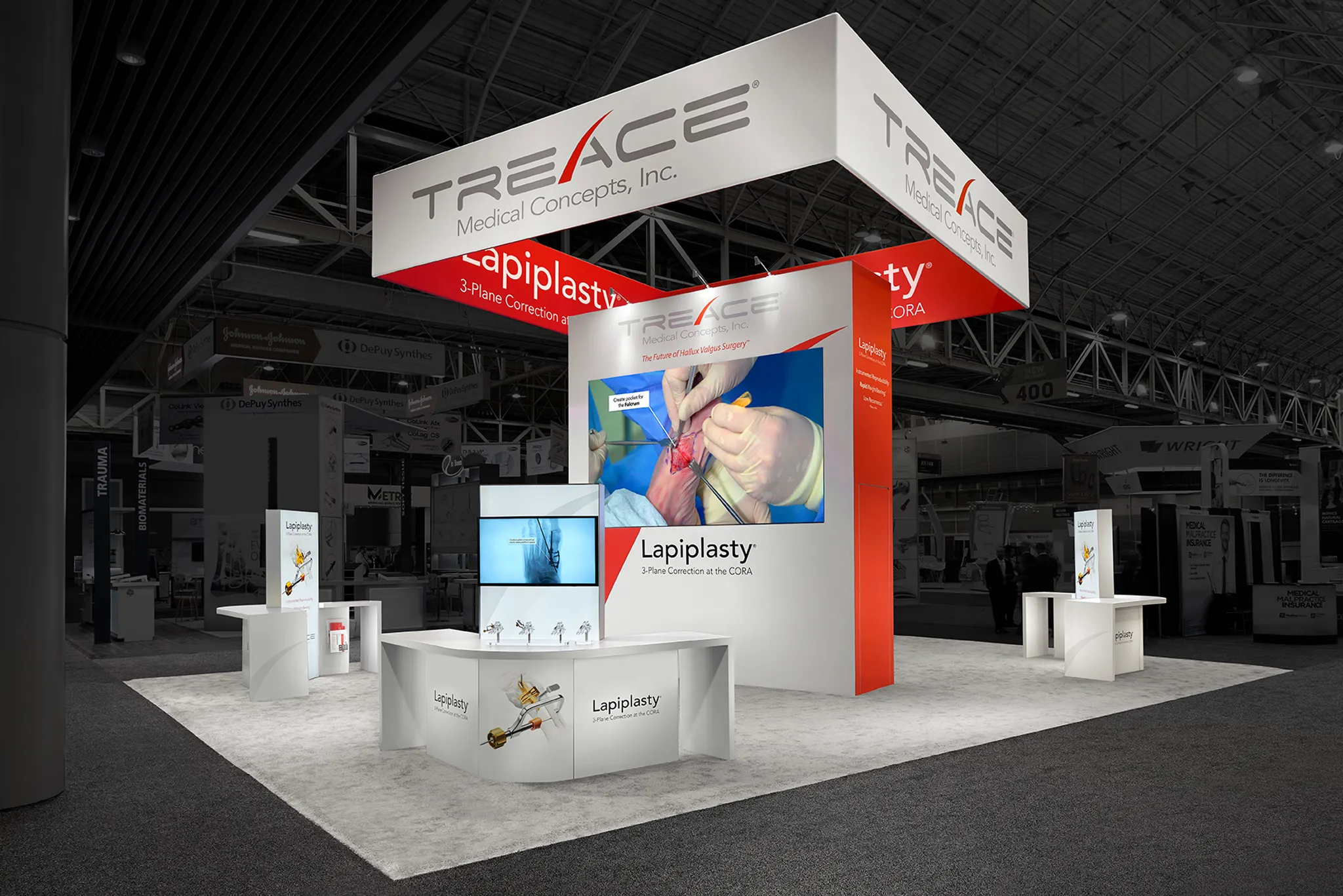 Rockway Exhibits + Events 30x30 with large hanging sign and LED screen wall