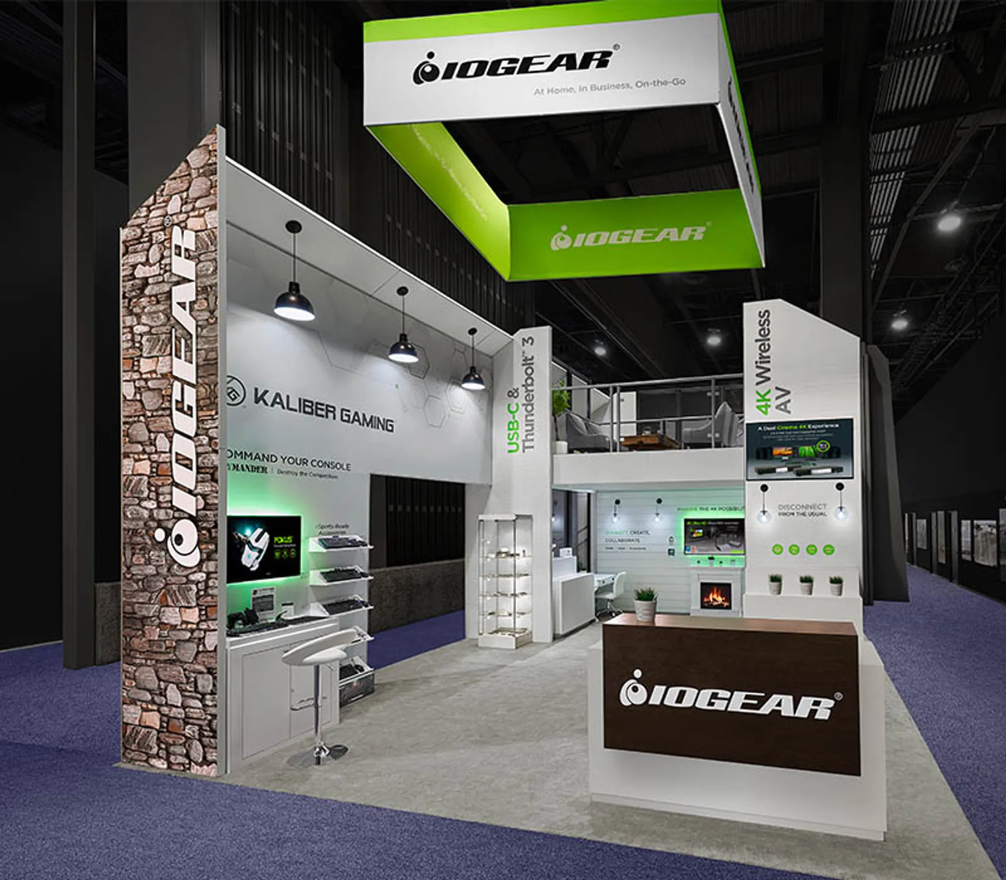 Expo Marketing 40x20 double decker spacious booth with hanging sign